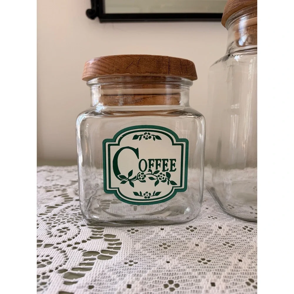 Vintage Anchor Hocking Glass Canister Set 4pc Green Floral Wood Lids